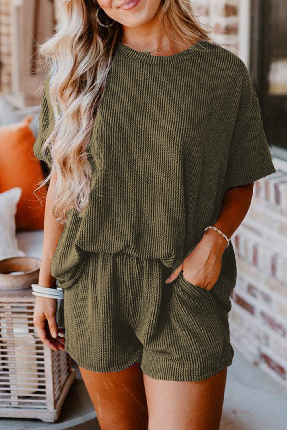 Iceland Blue Ribbed Textured Knit Loose Fit Tee and Shorts Set