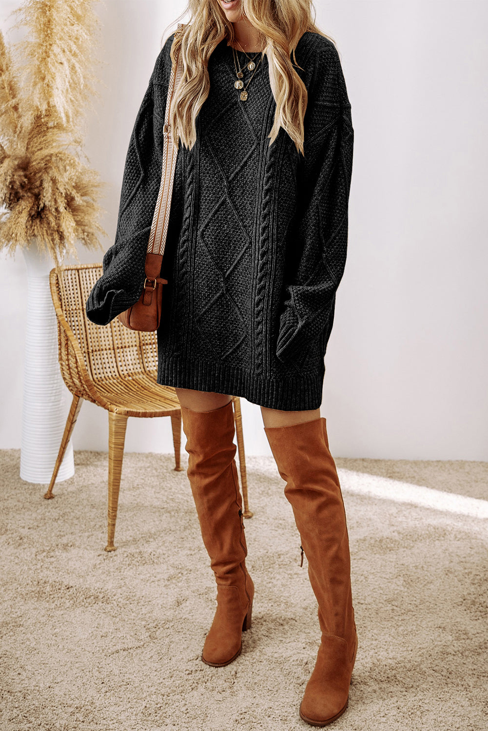 Mist Green Cable Knit Drop Shoulder Loose Fit Sweater Dress