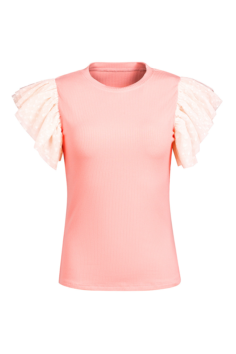 White Dotty Mesh Ruffle Sleeve Ribbed Knit Top