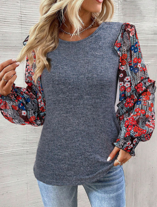 Blue chestnut Ruffle tiered floral sleeve blouse