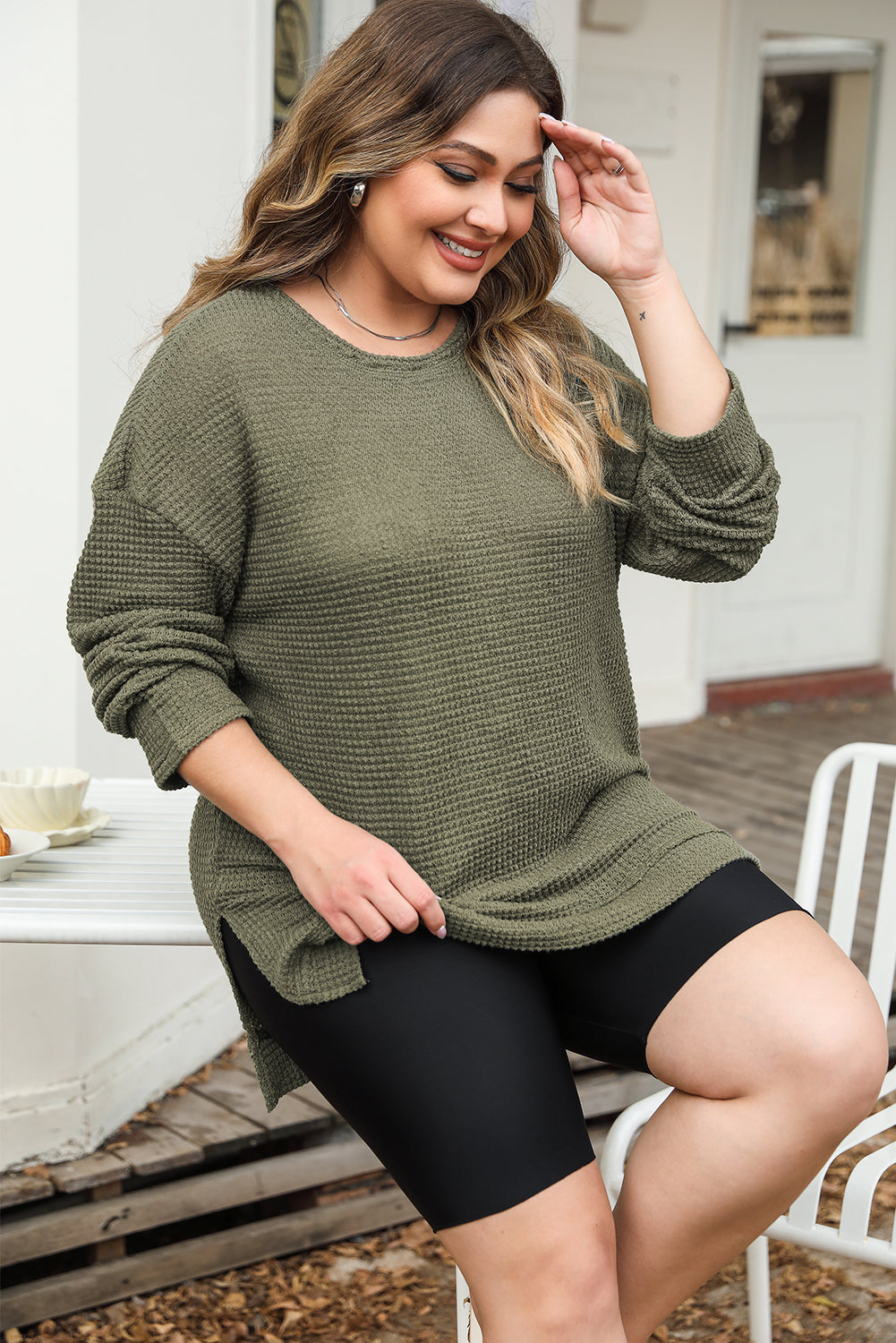 Waffle Knit High Slits Oversized Top