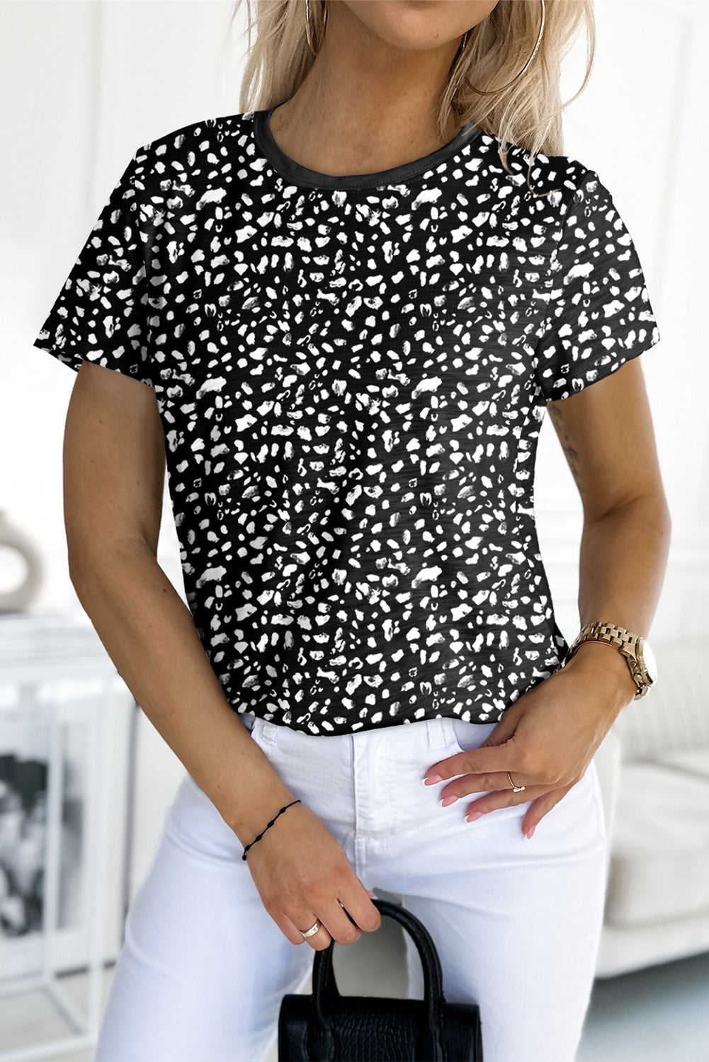 Apricot Animal Spotted Print Round Neck Long Sleeve Top