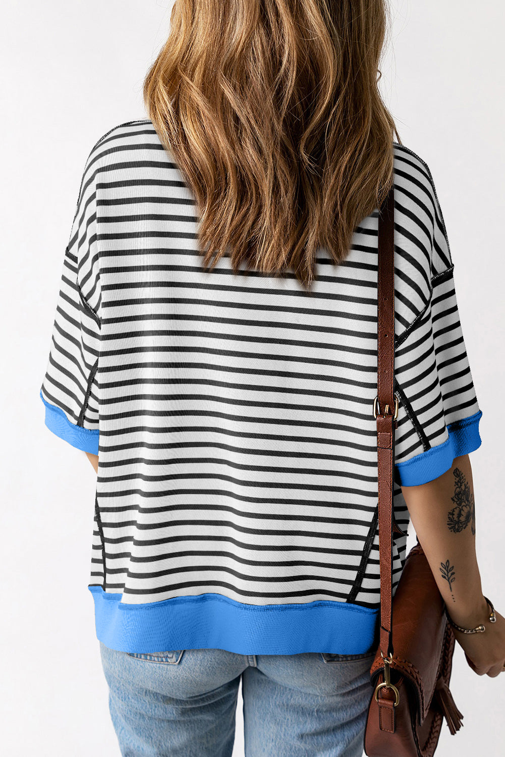 Pink Stripe Oversized Contrast Trim Exposed Seam High Low T Shirt