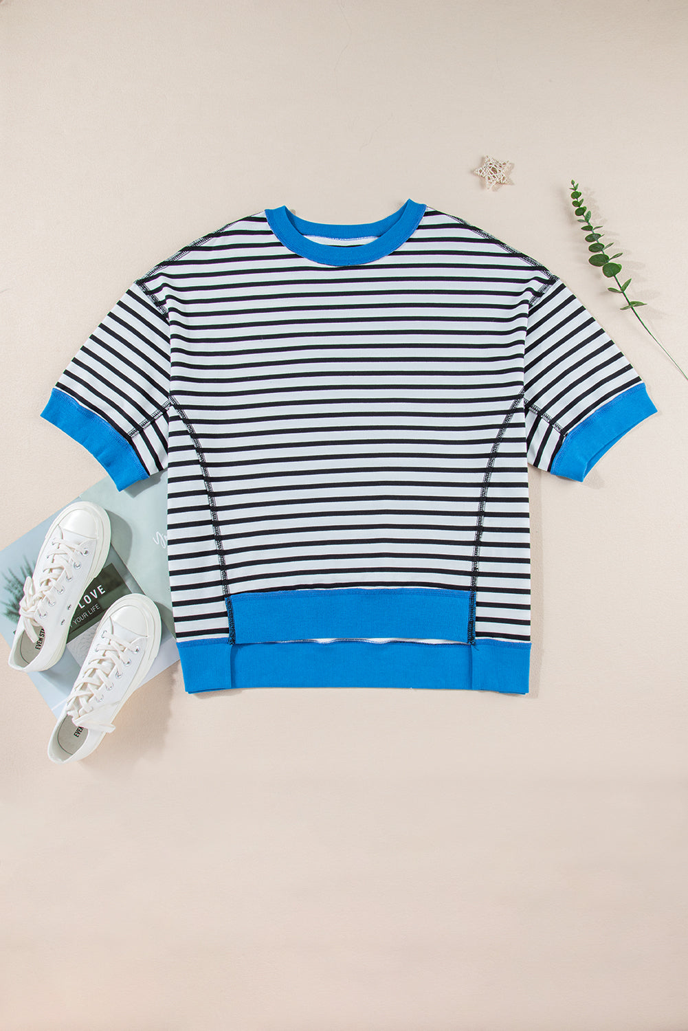Pink Stripe Oversized Contrast Trim Exposed Seam High Low T Shirt