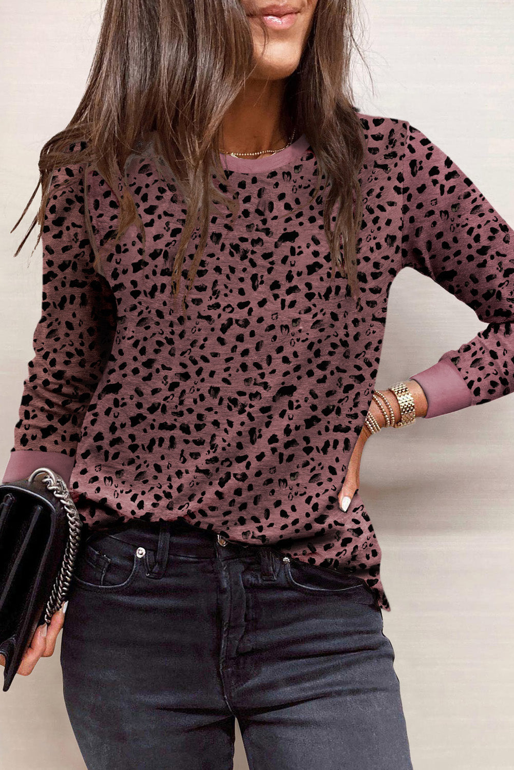 Apricot Animal Spotted Print Round Neck Long Sleeve Top