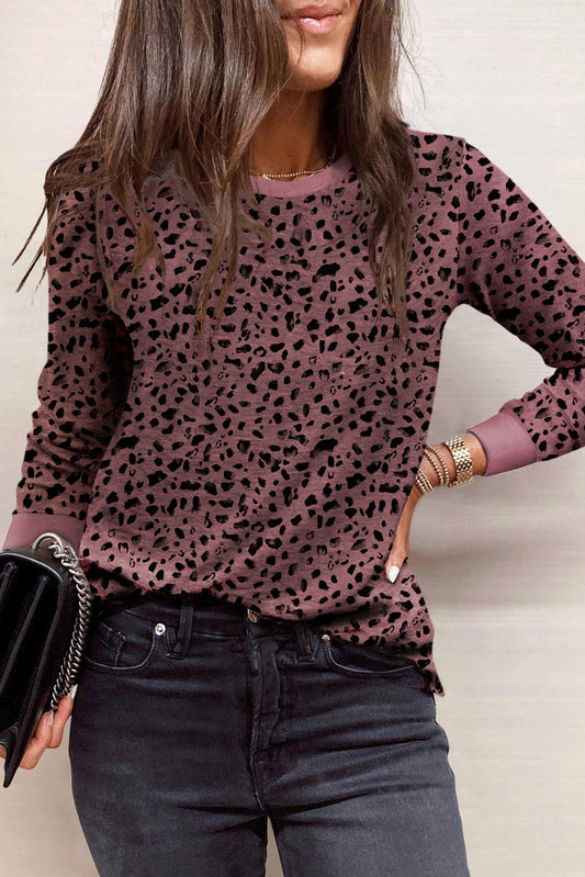 Apricot Animal Spotted Print Round Neck Long Sleeve Top