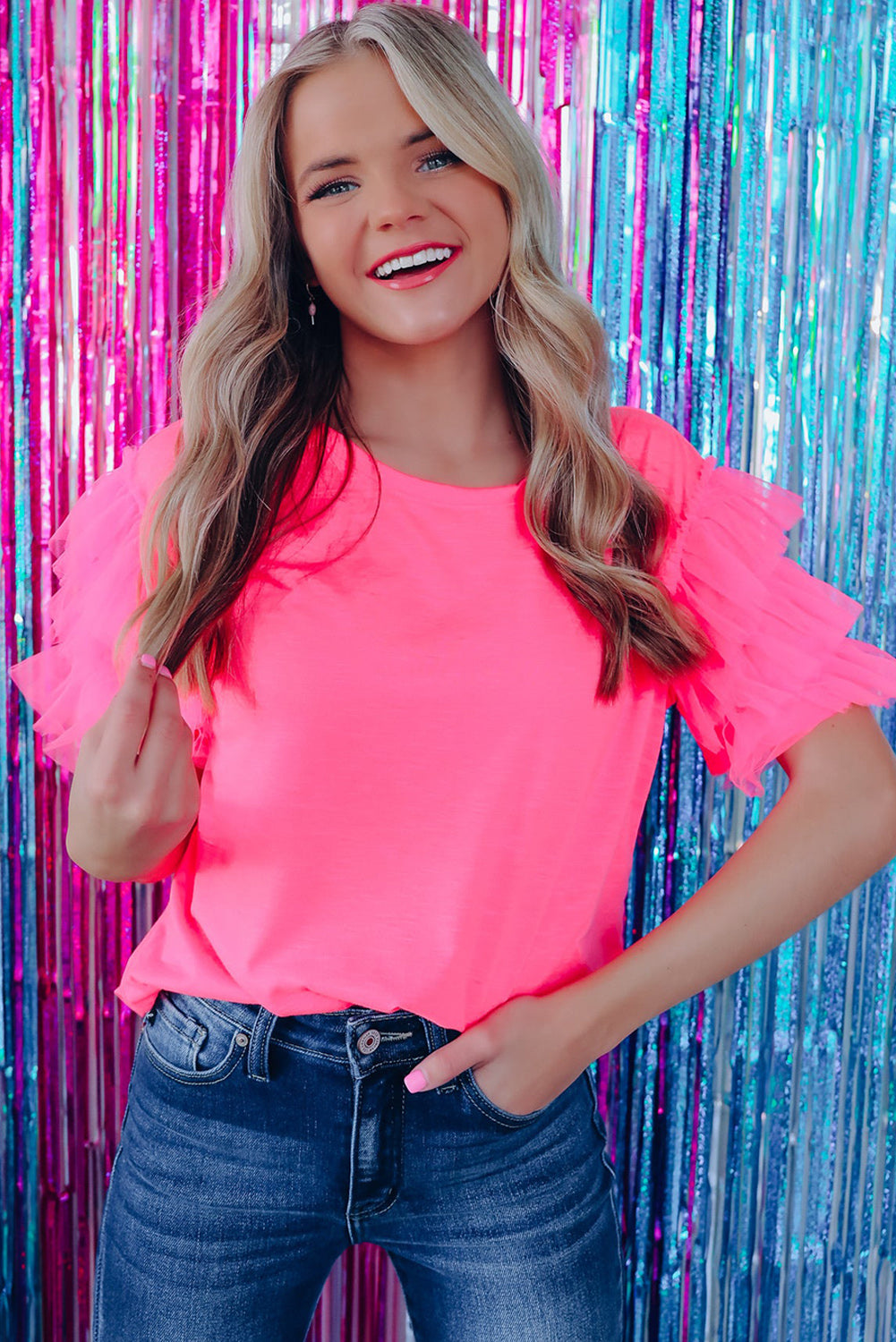 Black Tulle Ruffle Sleeve Blouse