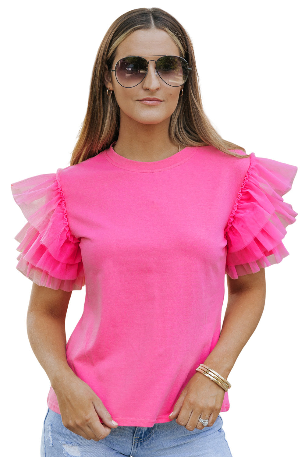 Black Tulle Ruffle Sleeve Blouse