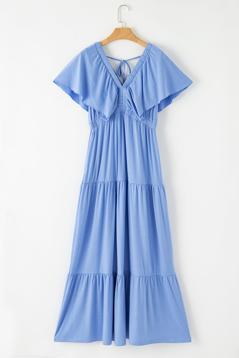 Green Textured V Neck Flutter Sleeve Ruffled Maxi Dress