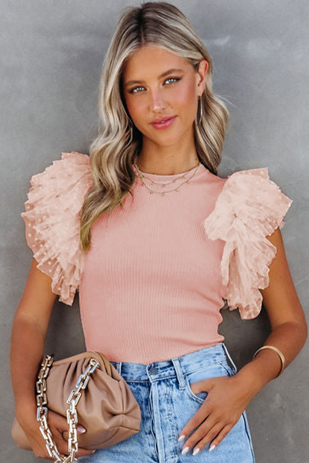 White Dotty Mesh Ruffle Sleeve Ribbed Knit Top