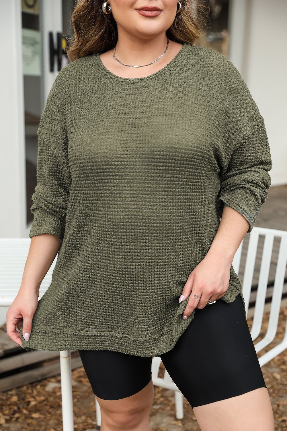 Waffle Knit High Slits Oversized Top