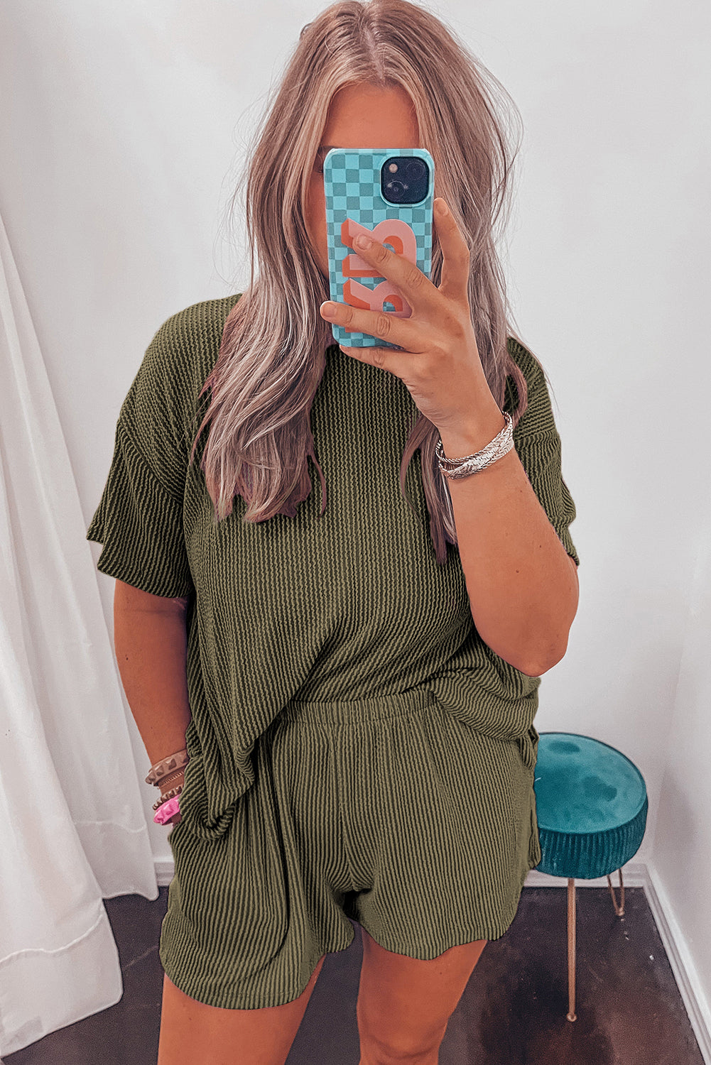 Iceland Blue Ribbed Textured Knit Loose Fit Tee and Shorts Set
