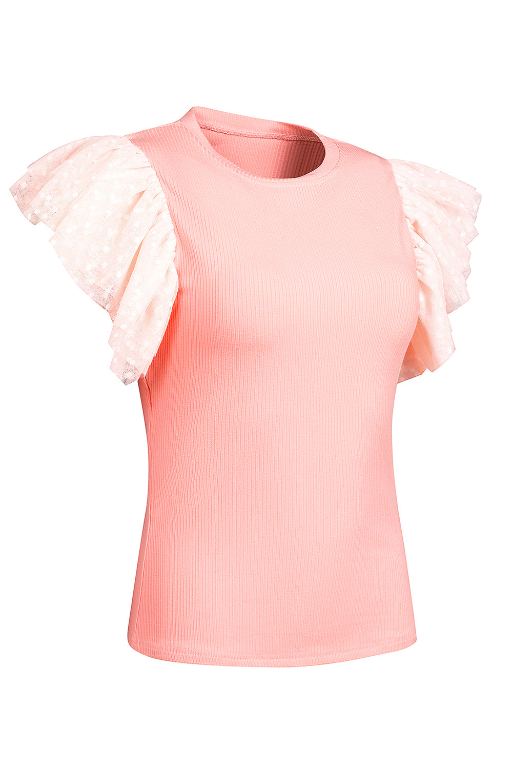 White Dotty Mesh Ruffle Sleeve Ribbed Knit Top
