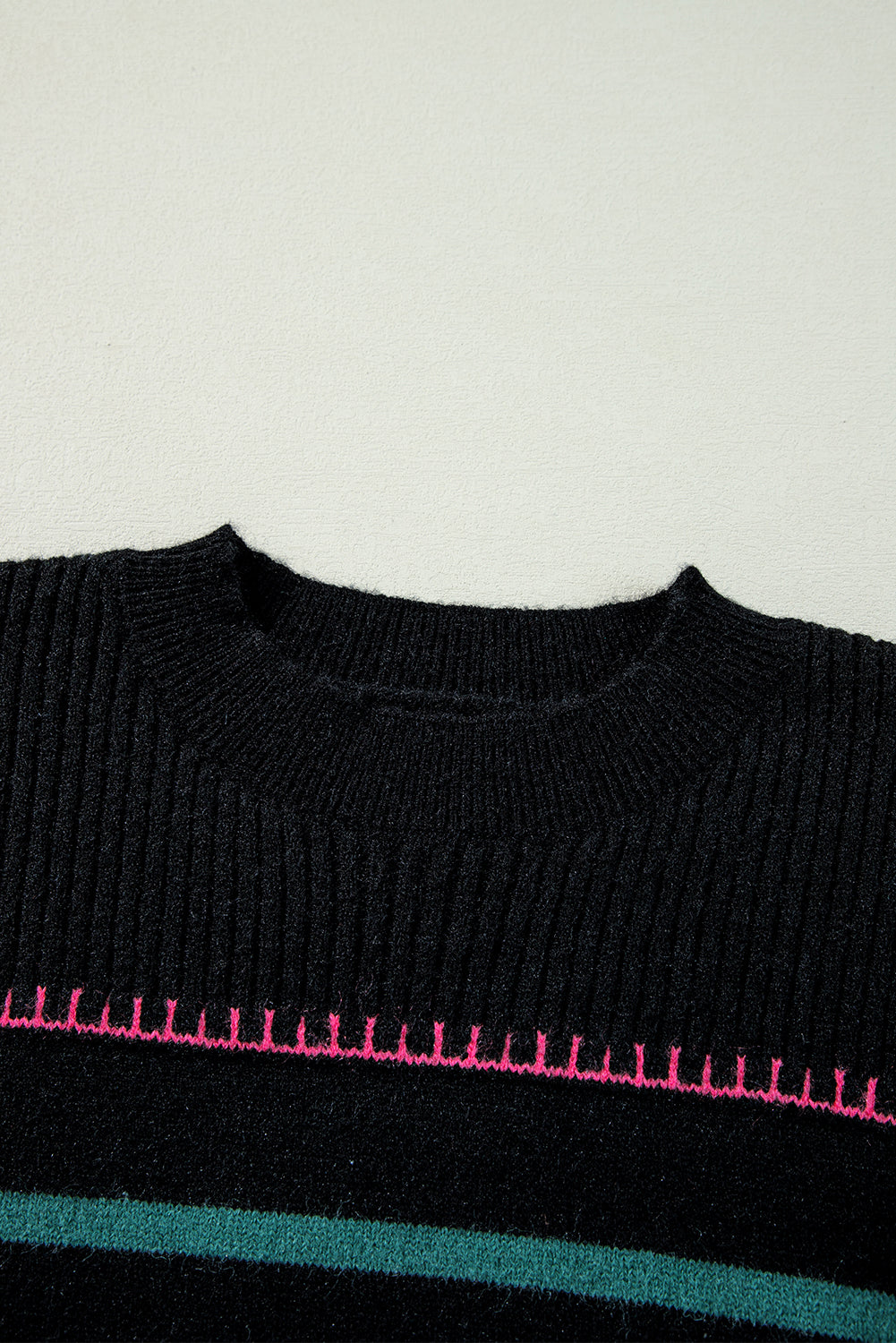 White Colorful Striped Ribbed Trim Sweater