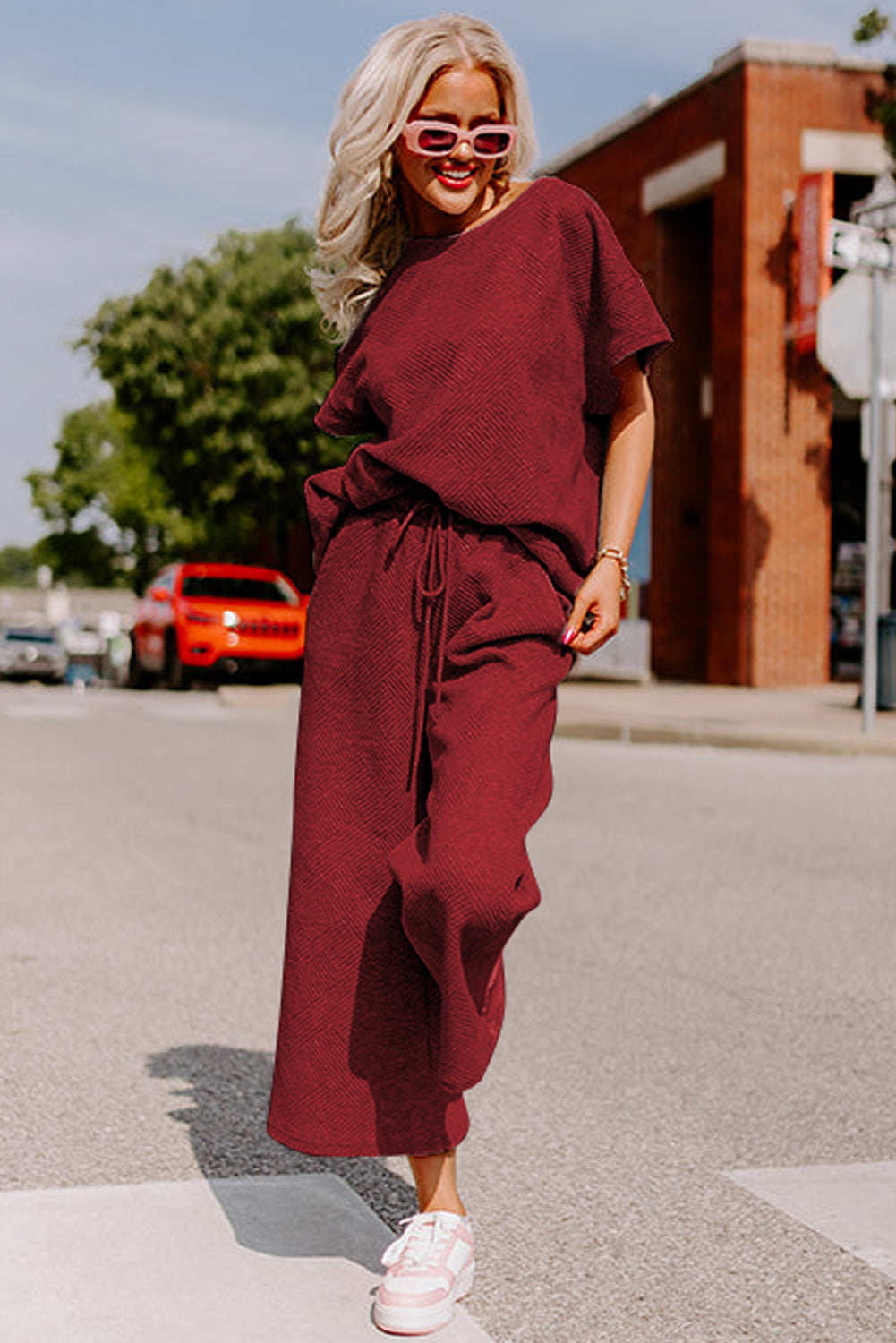 Dark Green Textured Loose Fit T Shirt and Drawstring Pants Set