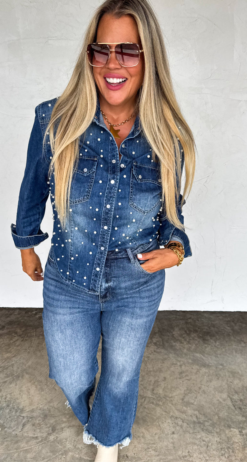 PreOrder - DOLLY DENIM TOP with Pearls