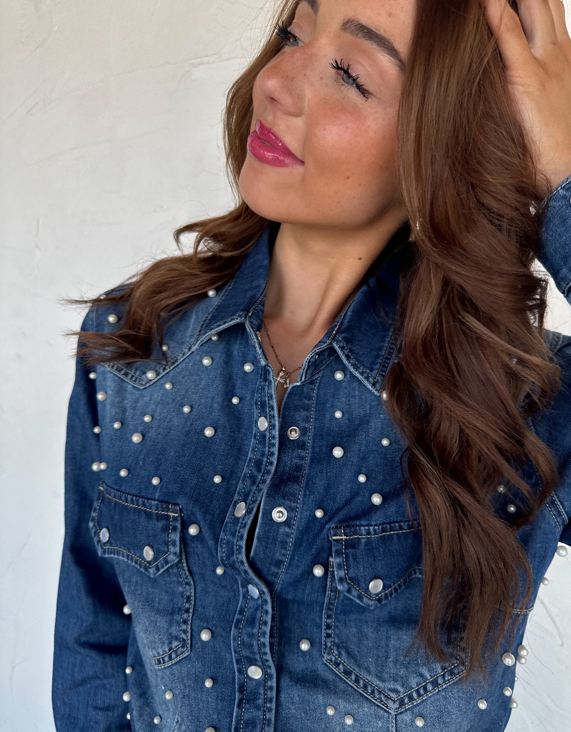 PreOrder - DOLLY DENIM TOP with Pearls