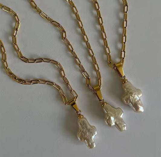 Baroque Natural Pearl Cross Necklace for Women White Pearl Pendants Link Chain Stainless Steel Necklaces