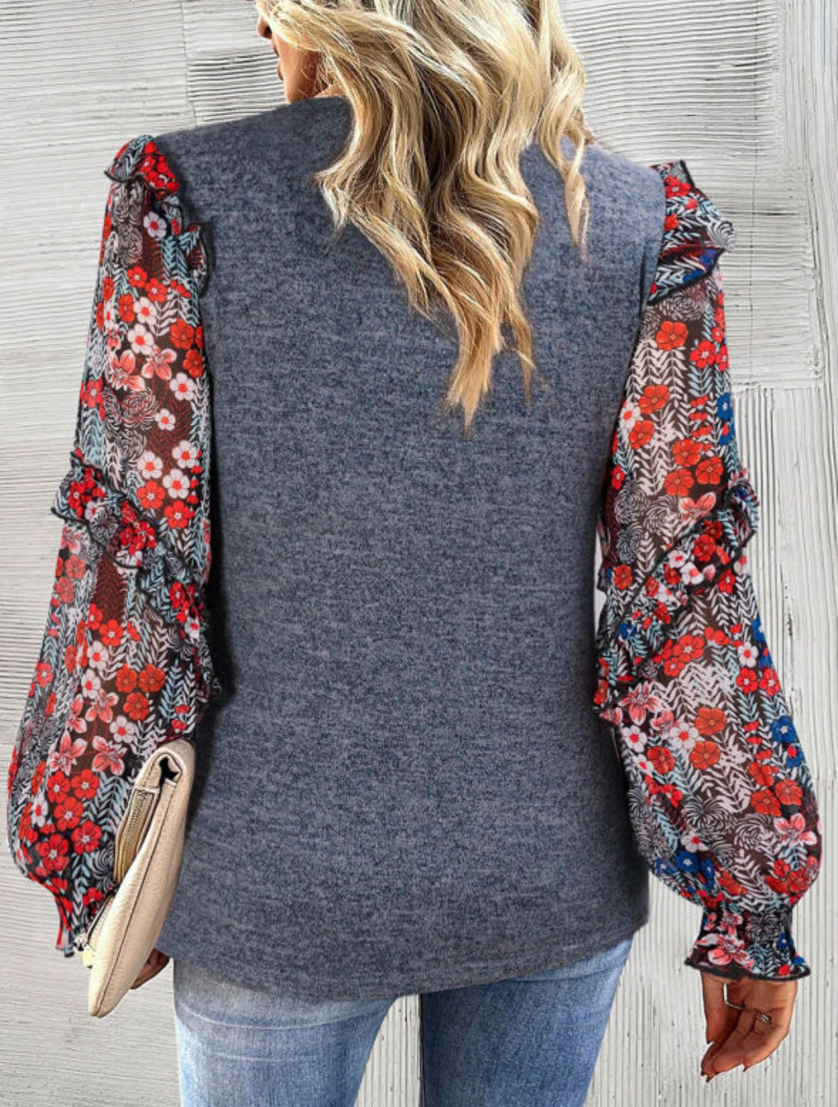 Blue chestnut Ruffle tiered floral sleeve blouse