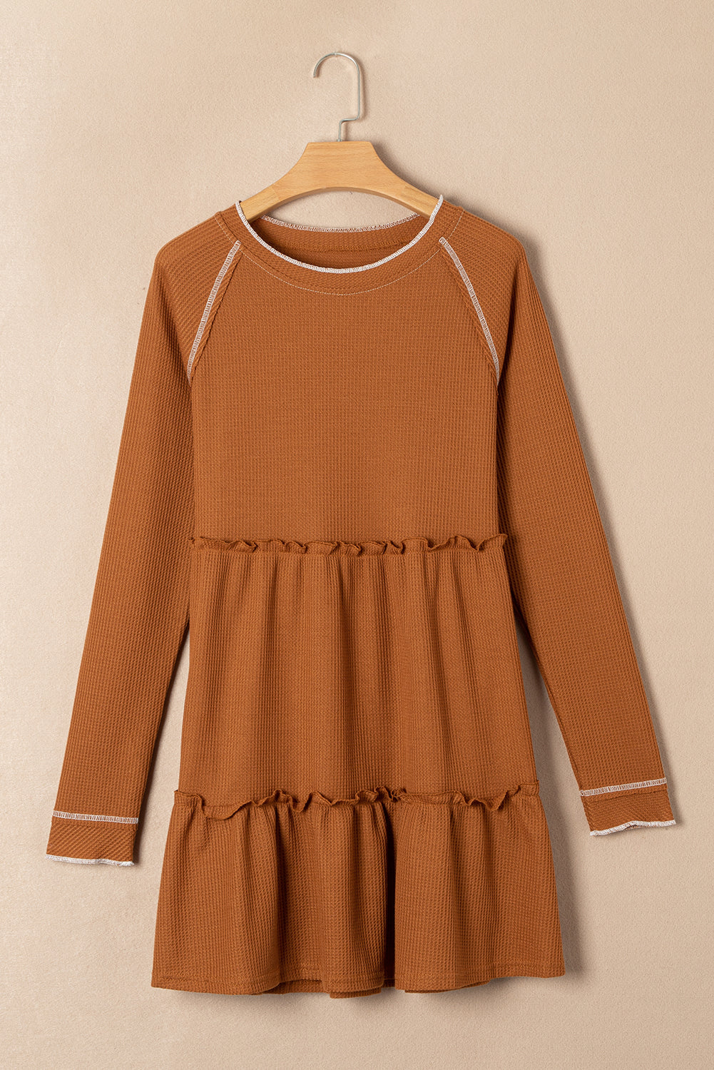 Brown Textured Round Neck Long Sleeve Top