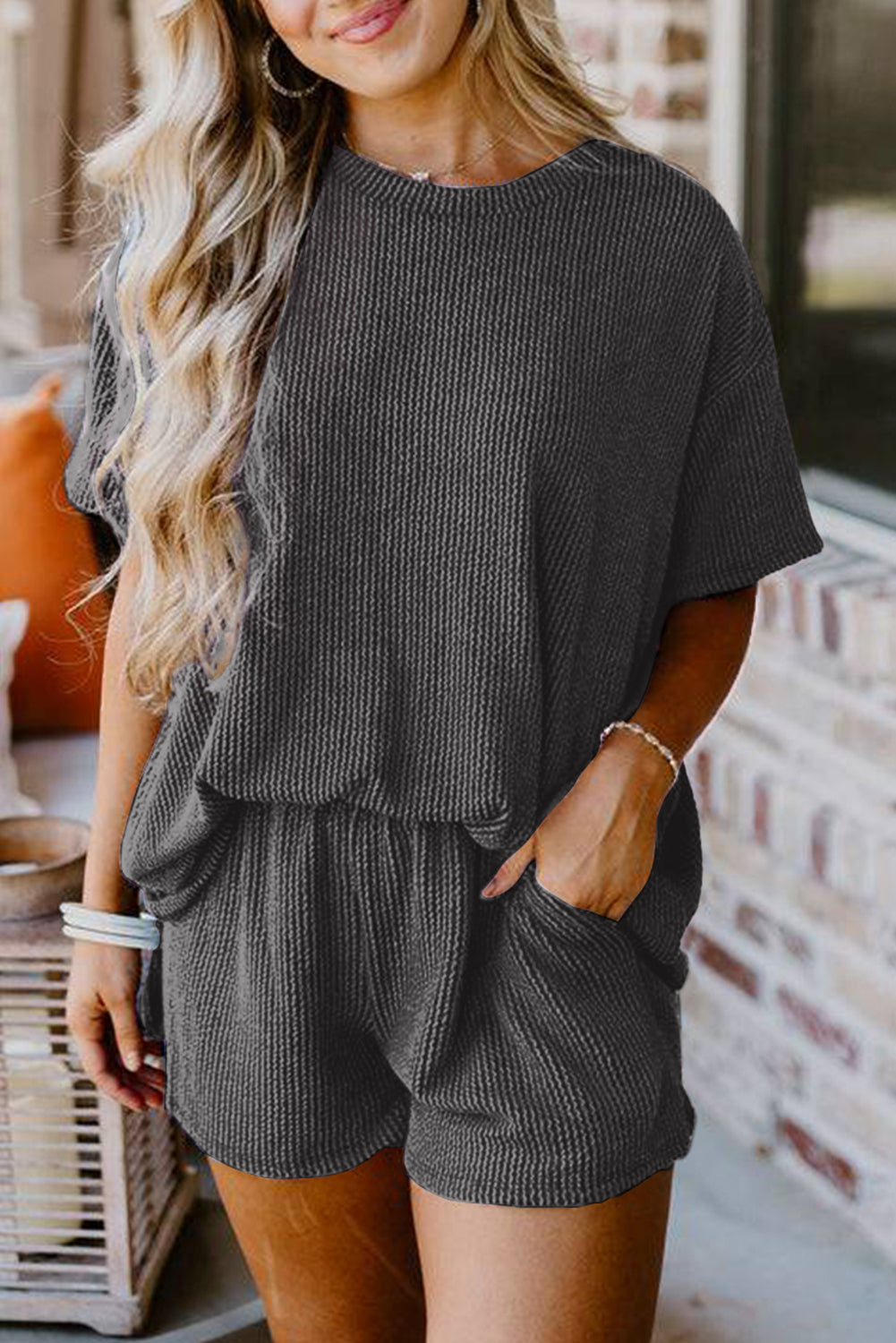 Iceland Blue Ribbed Textured Knit Loose Fit Tee and Shorts Set