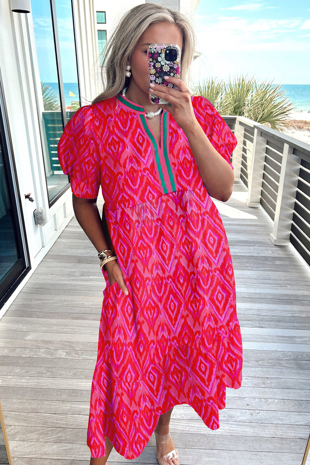 White Allover Print Contrast Split Neckline Short Puff Sleeve Curvy Dress