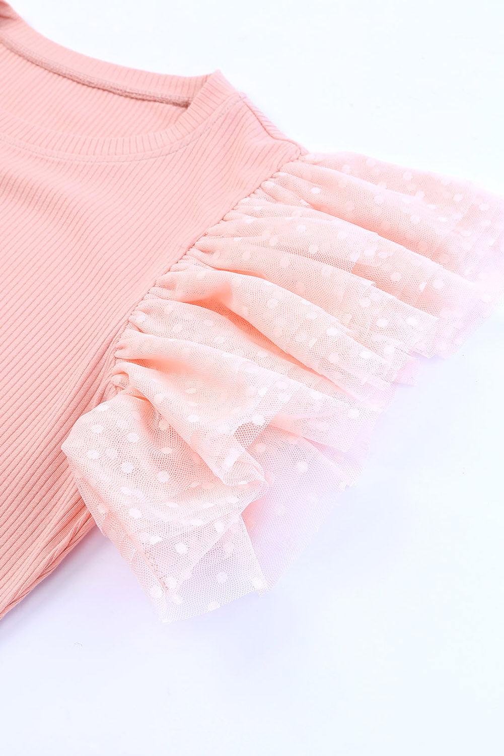 White Dotty Mesh Ruffle Sleeve Ribbed Knit Top