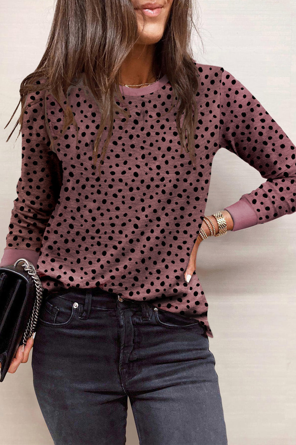 Apricot Animal Spotted Print Round Neck Long Sleeve Top
