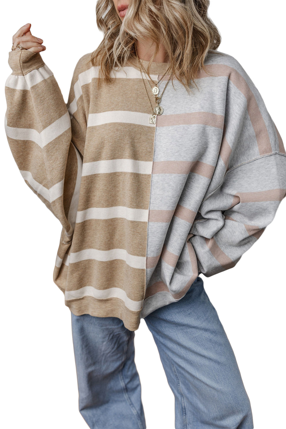Light French Beige Colorblock Oversized Sweater