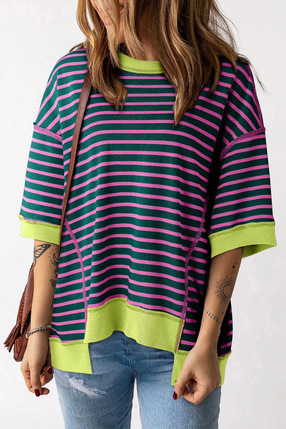 Pink Stripe Oversized Contrast Trim Exposed Seam High Low T Shirt