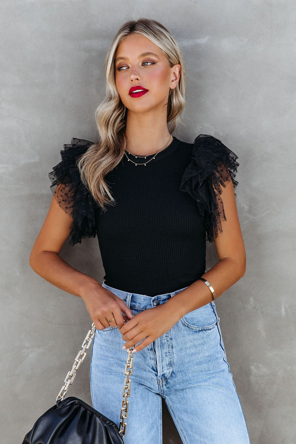 White Dotty Mesh Ruffle Sleeve Ribbed Knit Top