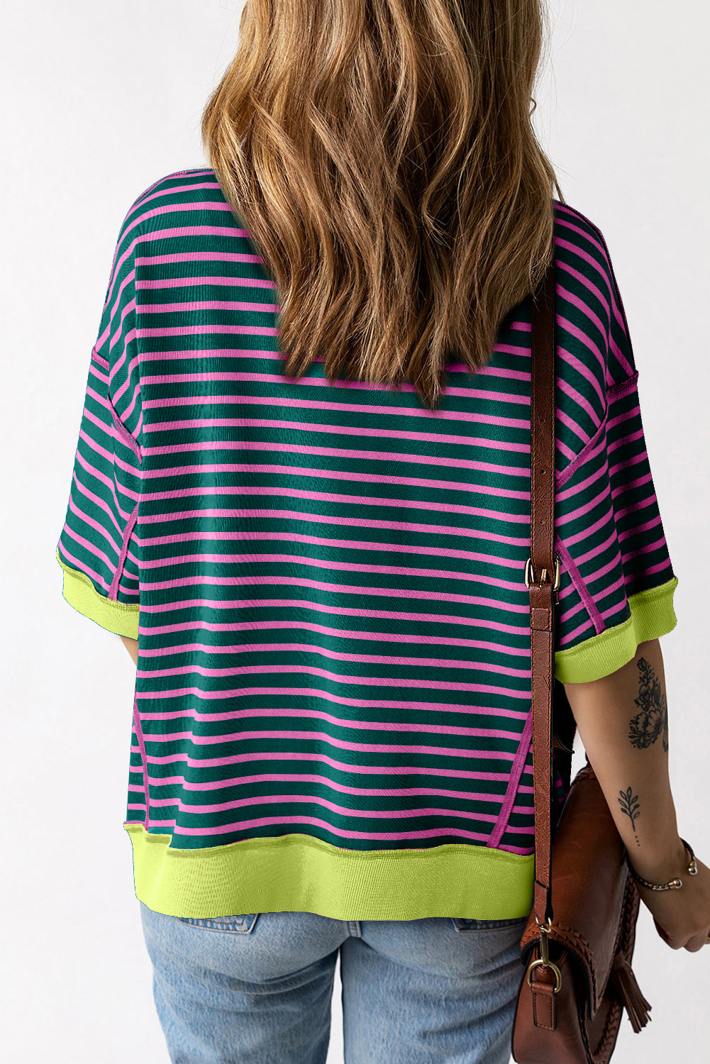 Pink Stripe Oversized Contrast Trim Exposed Seam High Low T Shirt