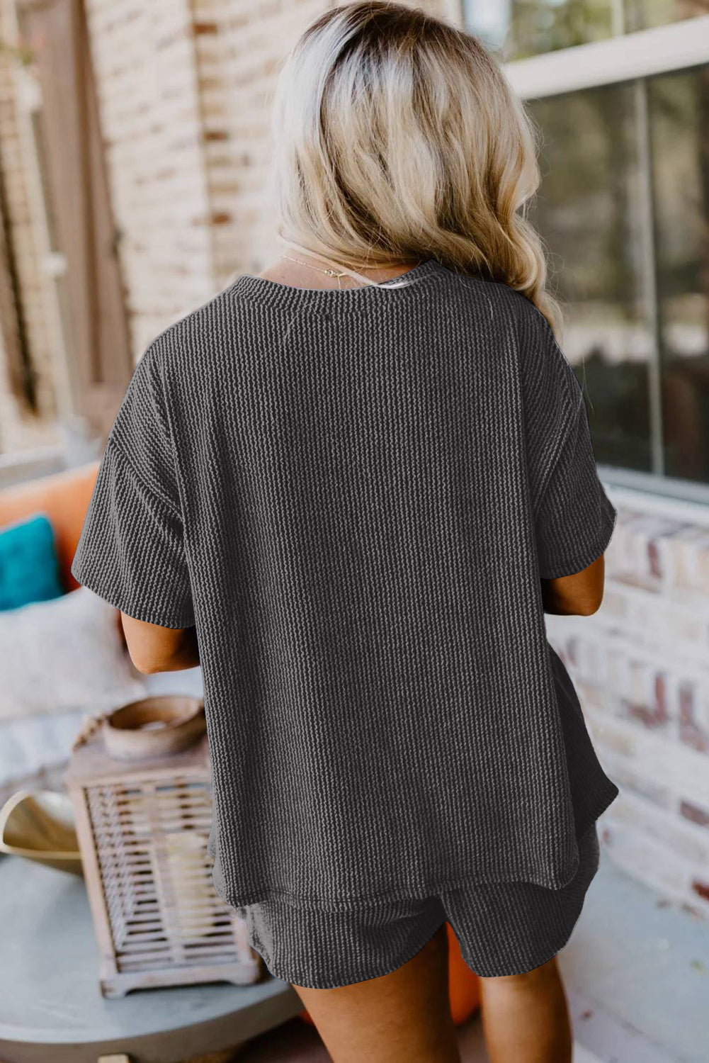 Iceland Blue Ribbed Textured Knit Loose Fit Tee and Shorts Set