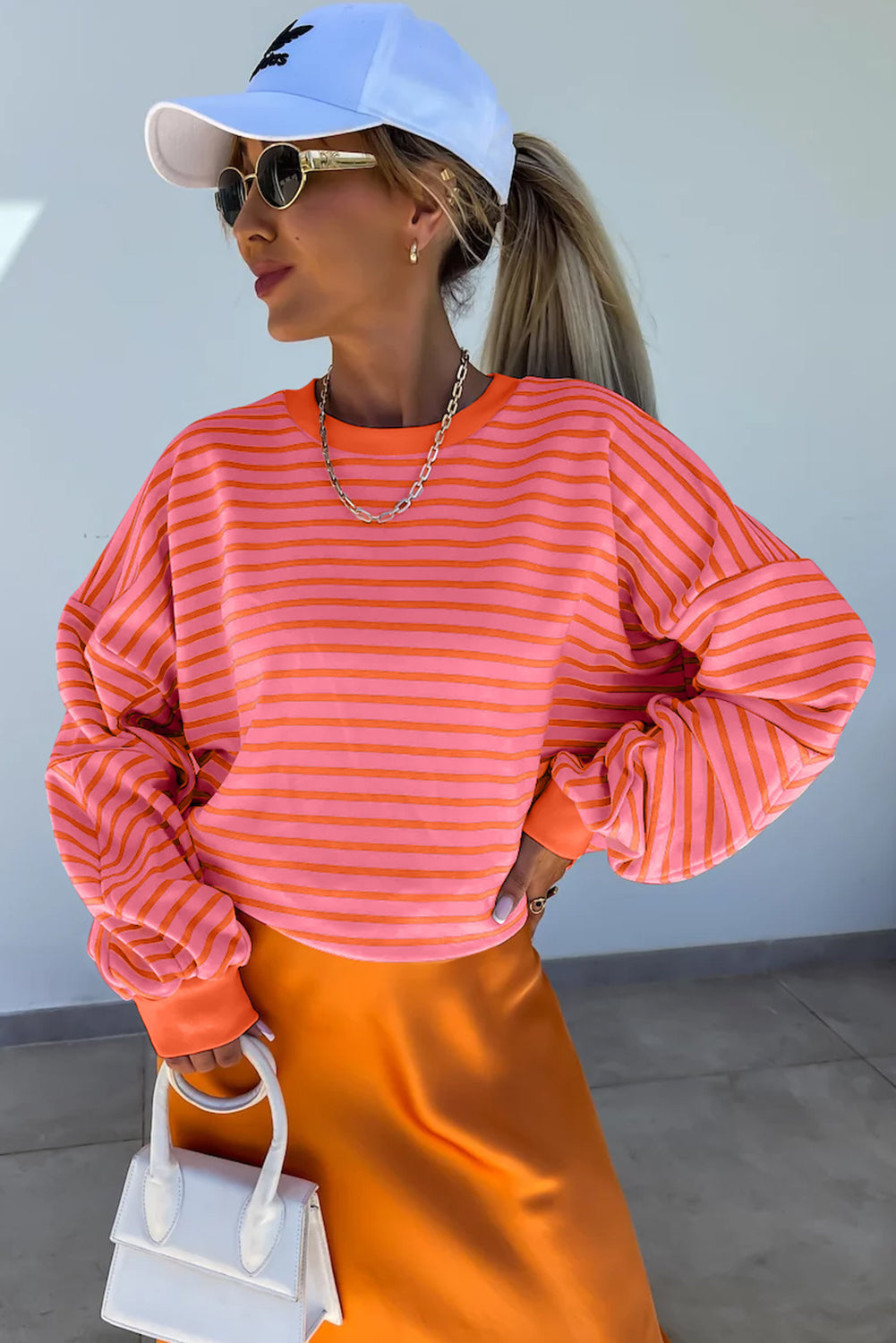 Orange Stripe Drop Shoulder Crew Neck Loose Sweatshirt