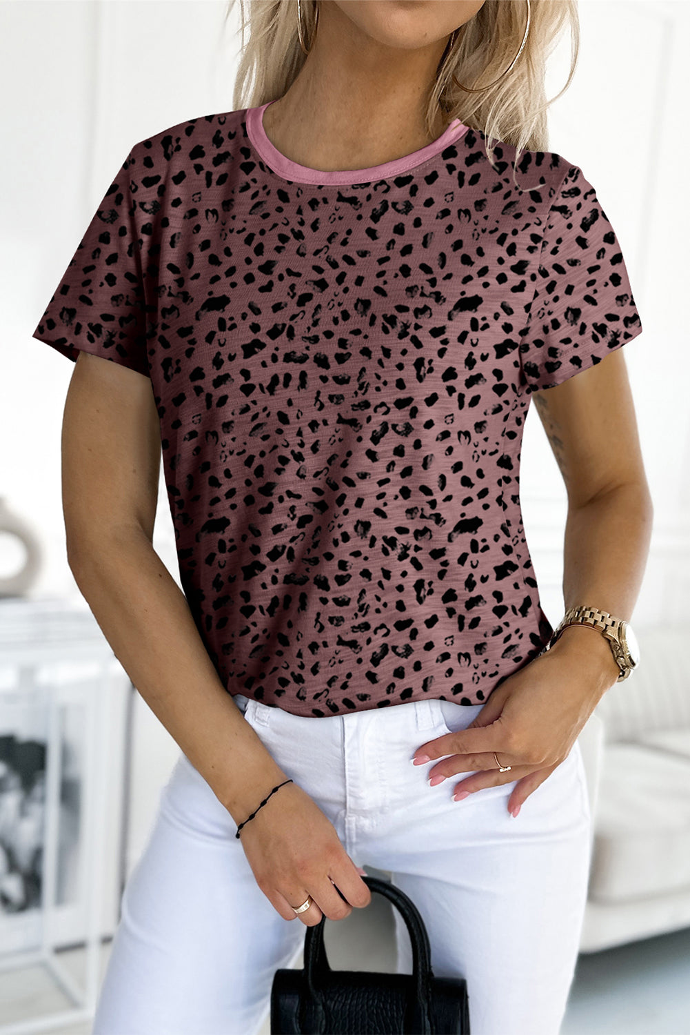Apricot Animal Spotted Print Round Neck Long Sleeve Top