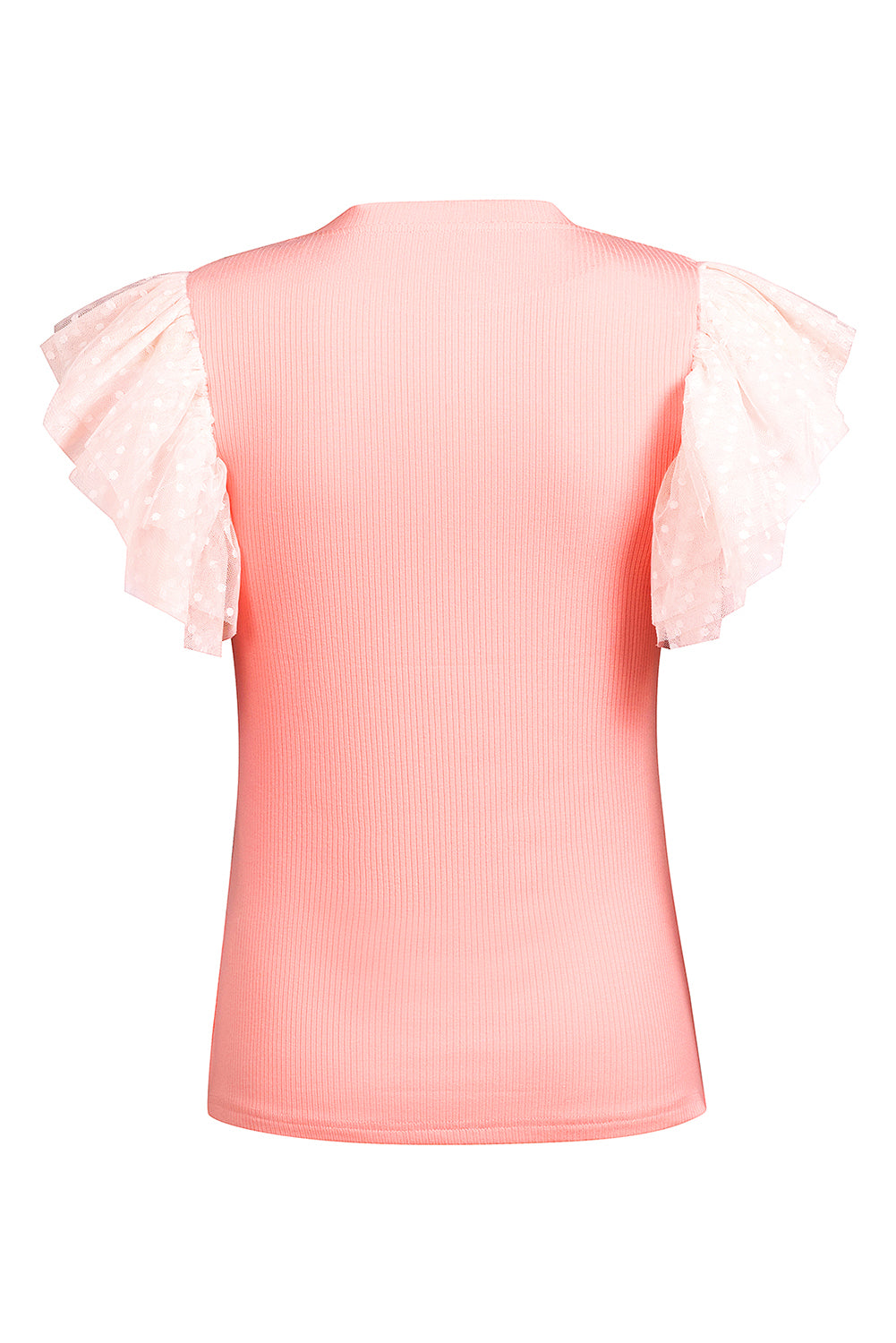 White Dotty Mesh Ruffle Sleeve Ribbed Knit Top