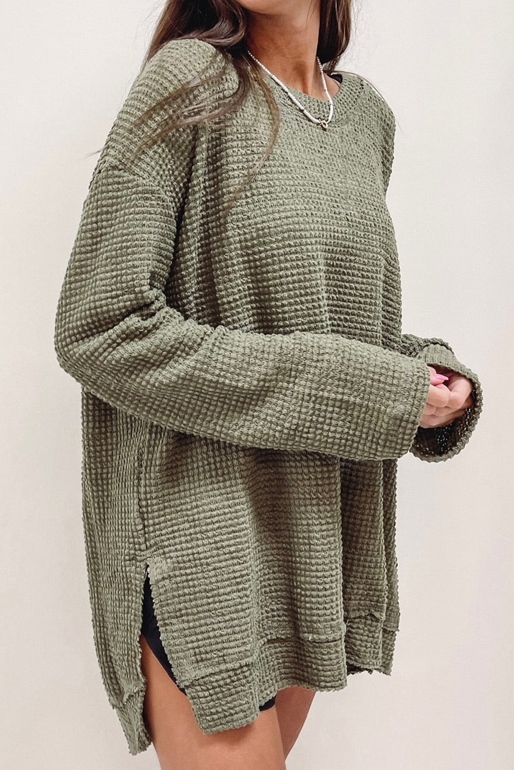 Waffle Knit High Slits Oversized Top