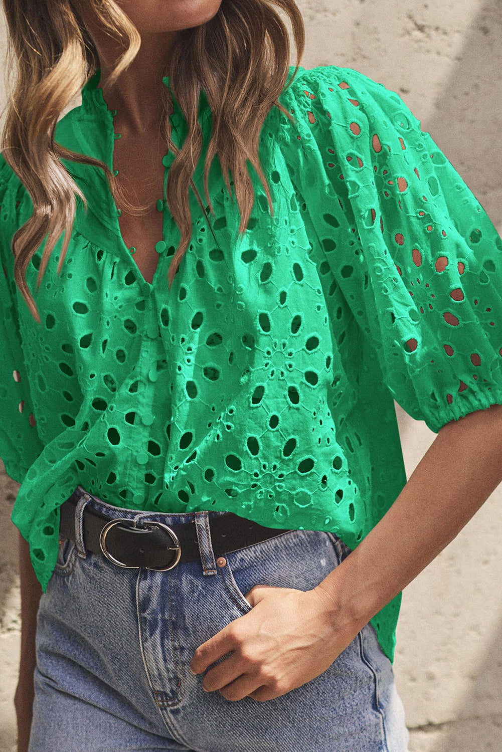 White Flower Embroidered Hollow-out Puff Sleeve Blouse