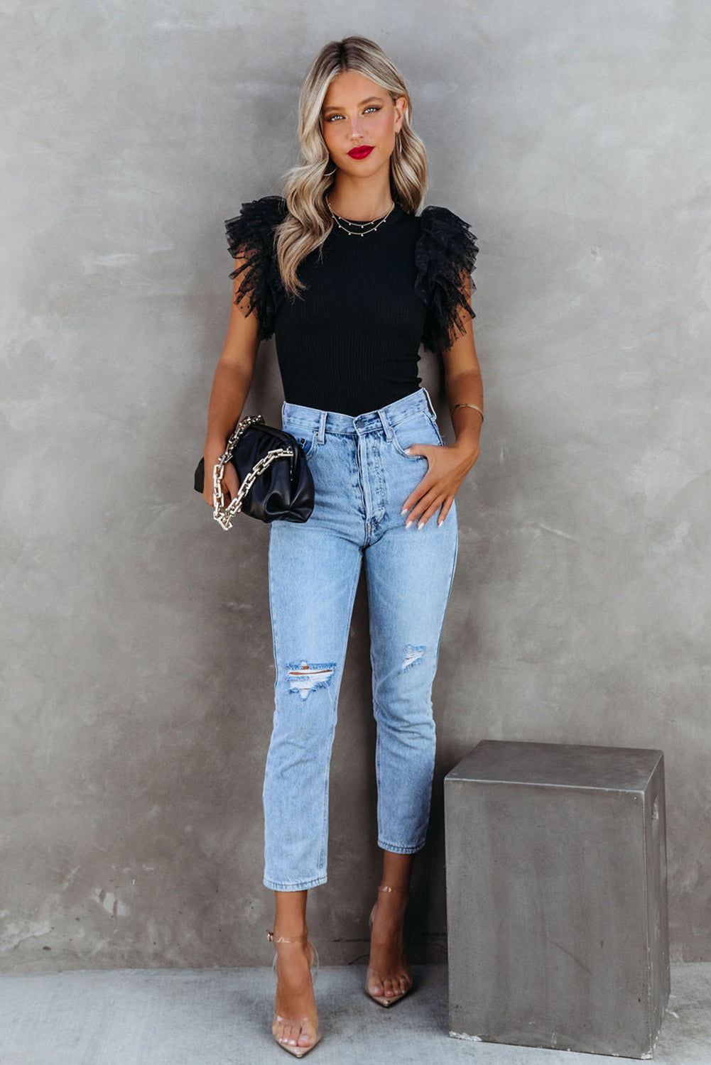 White Dotty Mesh Ruffle Sleeve Ribbed Knit Top