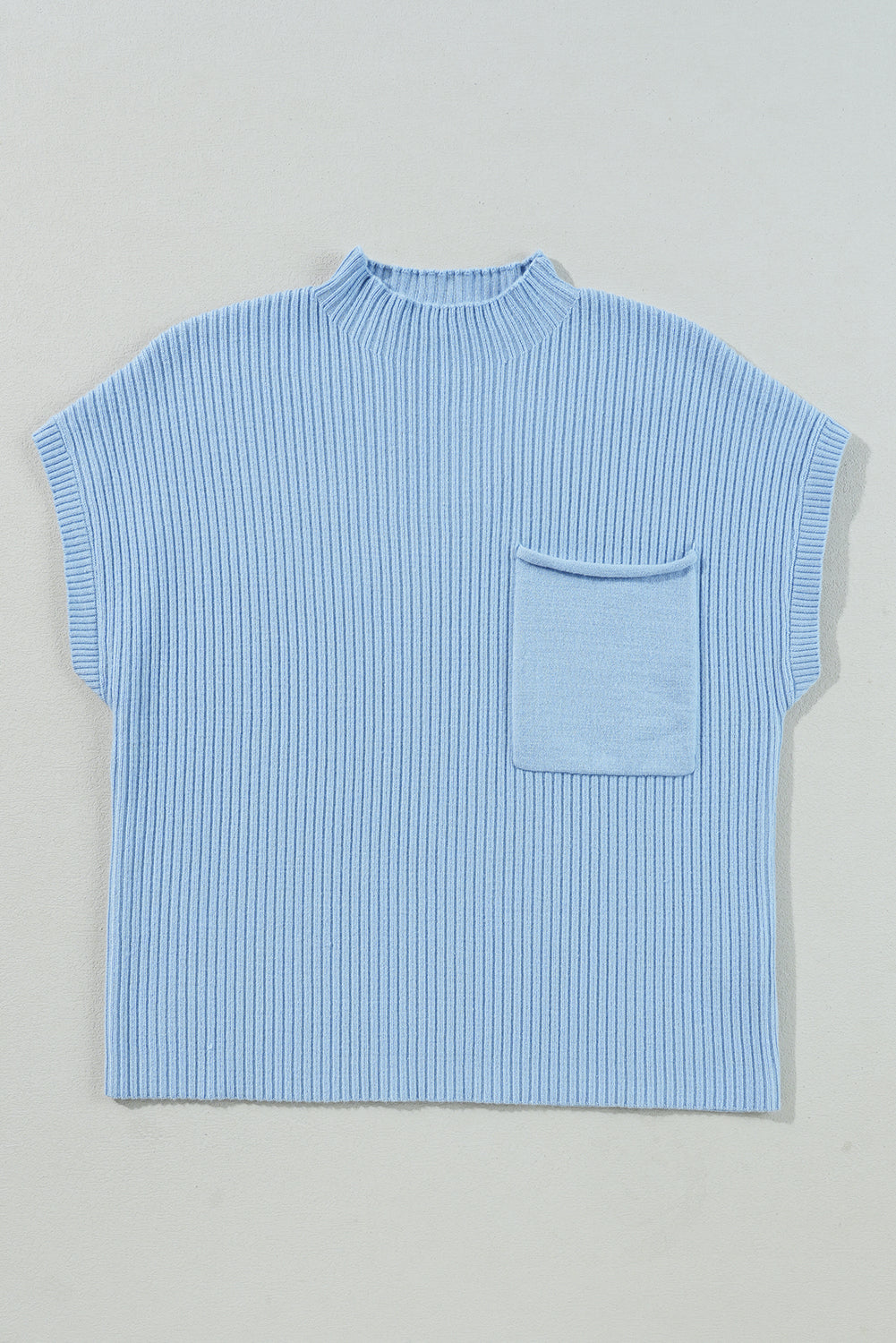 Black Patch Pocket Ribbed Knit Short Sleeve Sweater