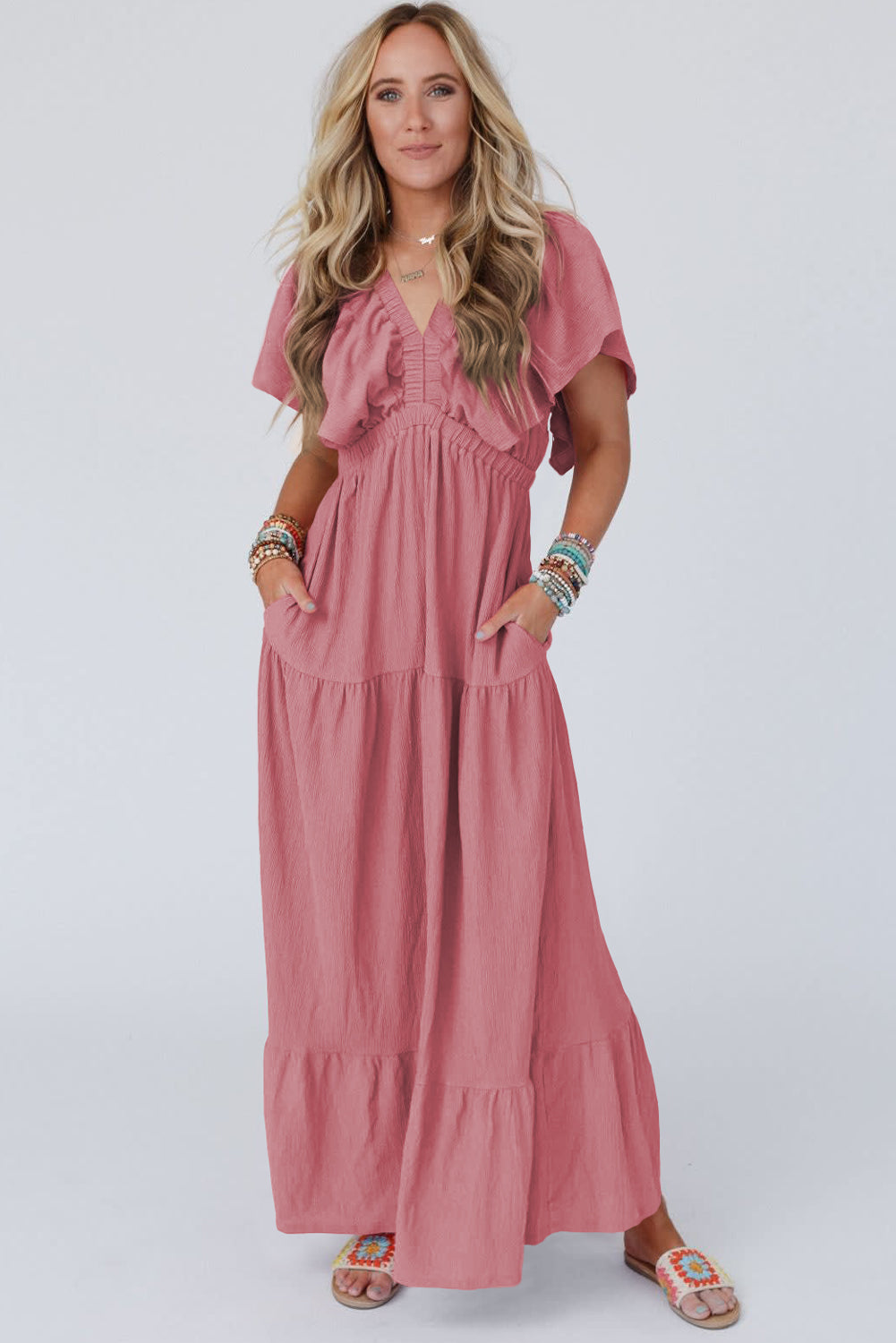 Green Textured V Neck Flutter Sleeve Ruffled Maxi Dress