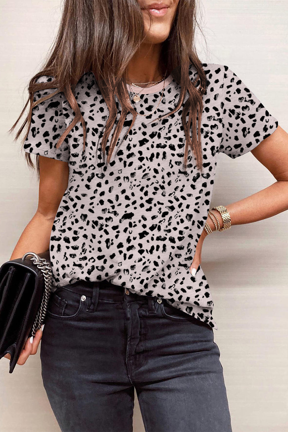 Apricot Animal Spotted Print Round Neck Long Sleeve Top