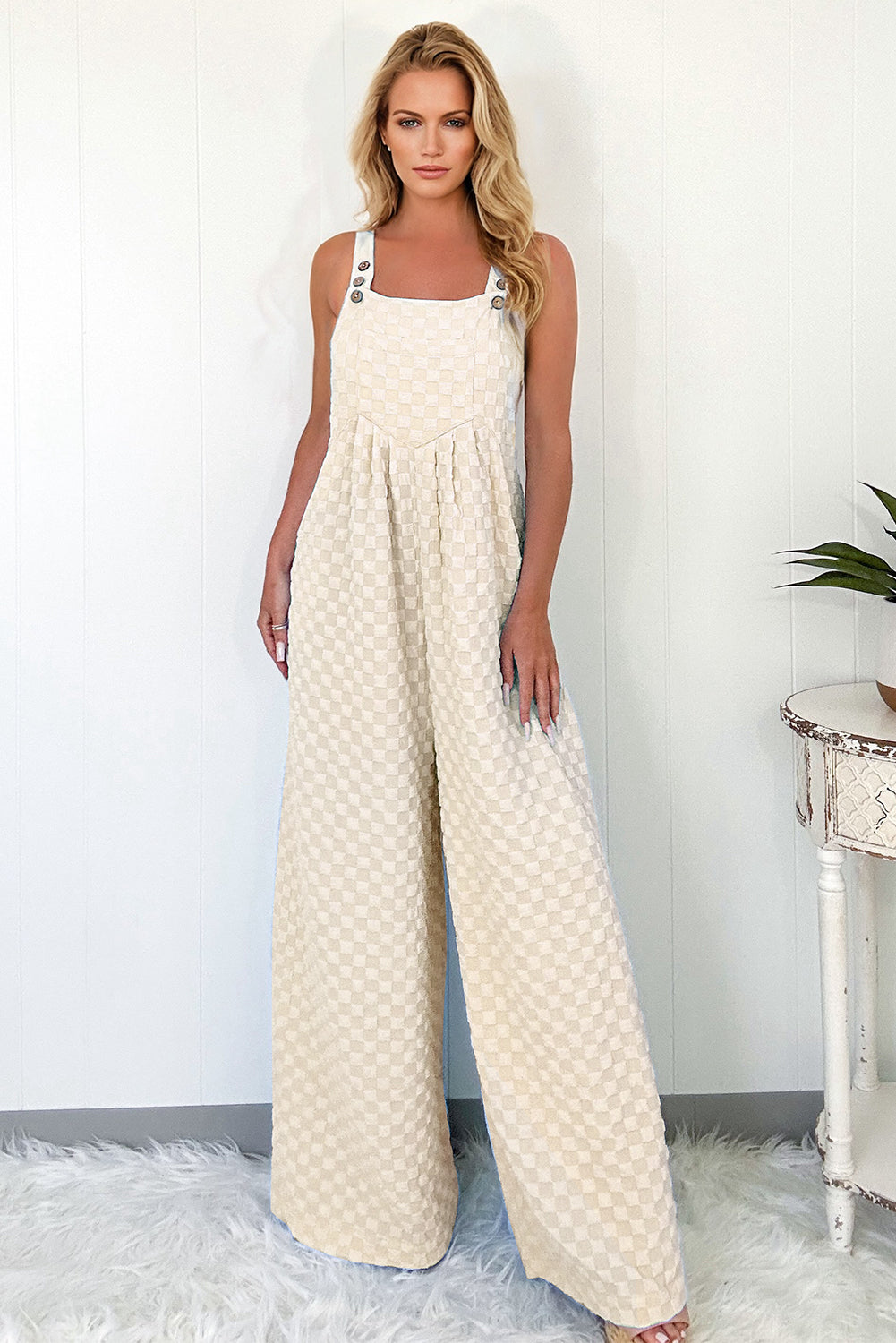 Beau Blue Checkered Pocketed High Waist Wide Leg Overall