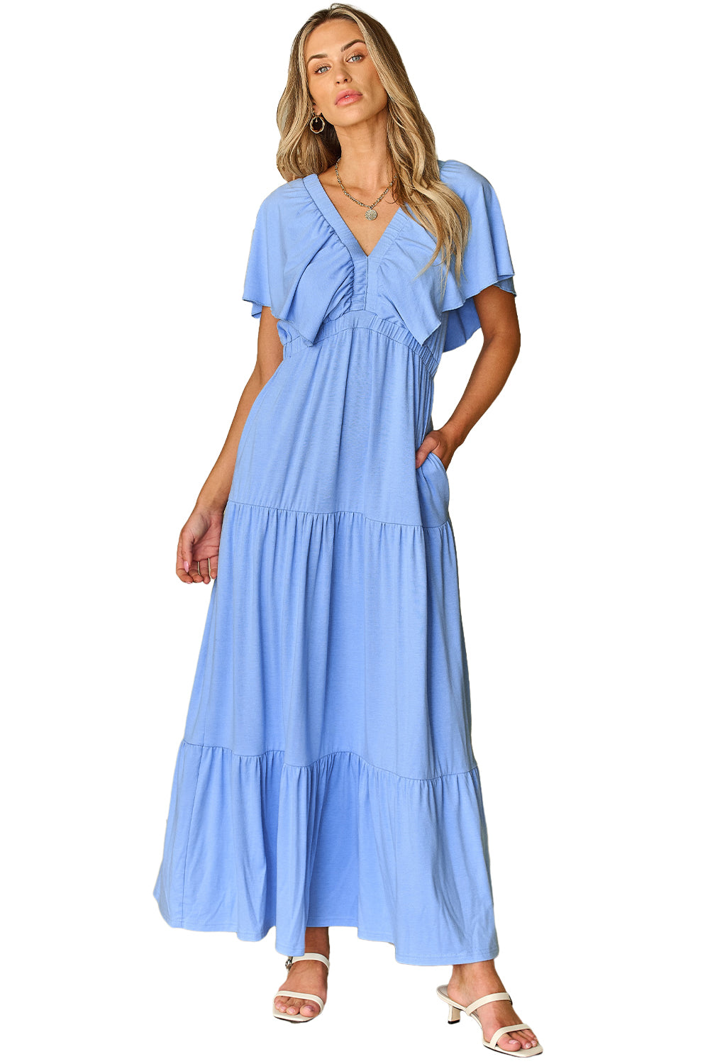 Green Textured V Neck Flutter Sleeve Ruffled Maxi Dress