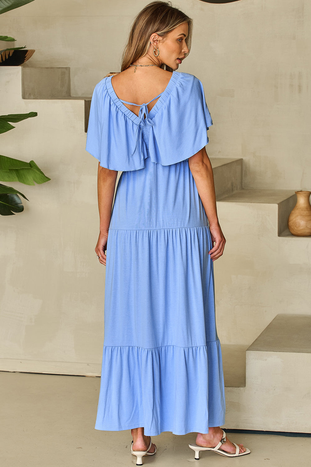 Green Textured V Neck Flutter Sleeve Ruffled Maxi Dress