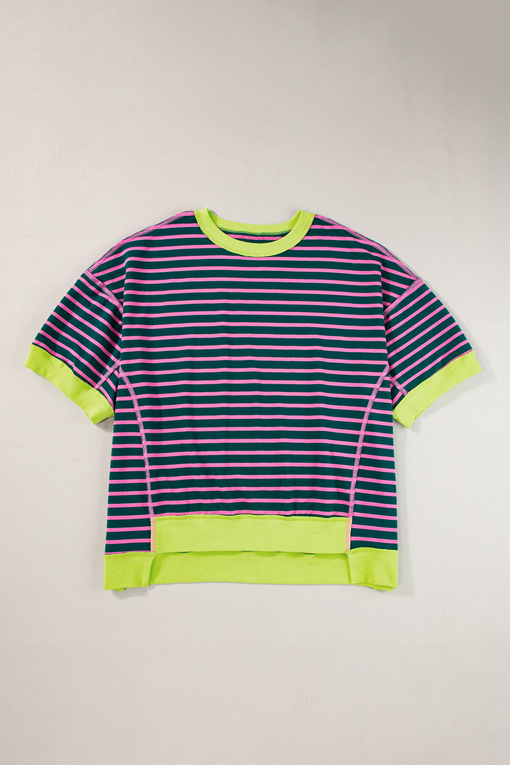 Pink Stripe Oversized Contrast Trim Exposed Seam High Low T Shirt
