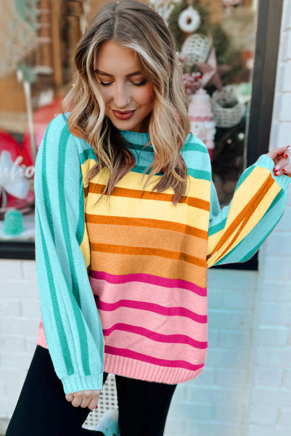 Multicolour Gradient Striped Ribbed Edge Loose Sweater
