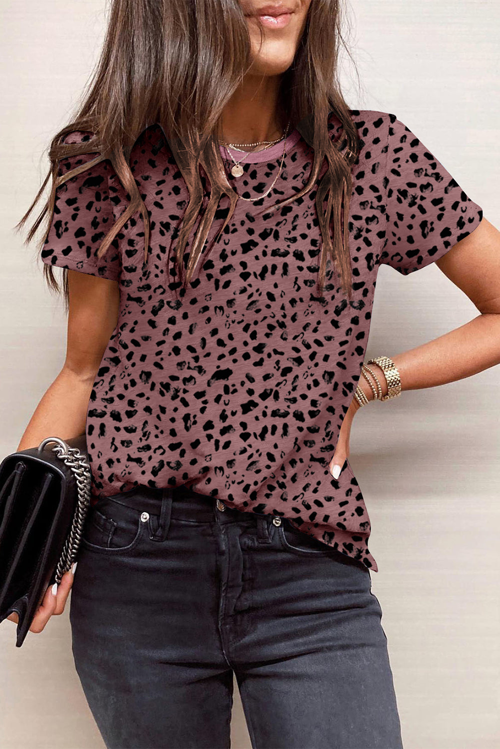 Apricot Animal Spotted Print Round Neck Long Sleeve Top