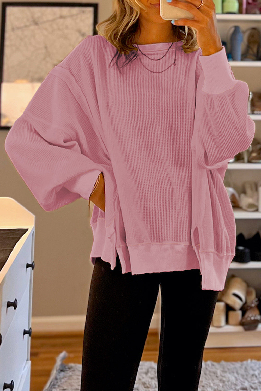 Waffle knit Bishop Sleeve Split Oversized Top