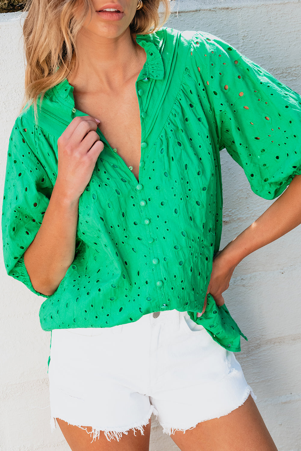 White Flower Embroidered Hollow-out Puff Sleeve Blouse